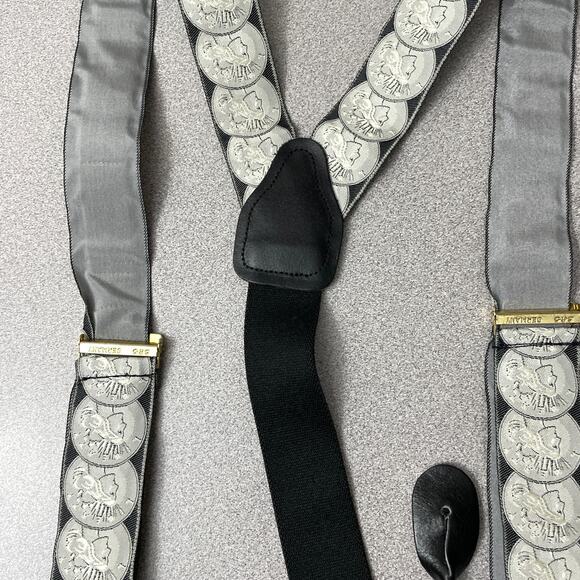 CAS Germany Silk Suspenders Mens Braces Gray Black Leather Button Coins Liberty - Picture 8 of 8